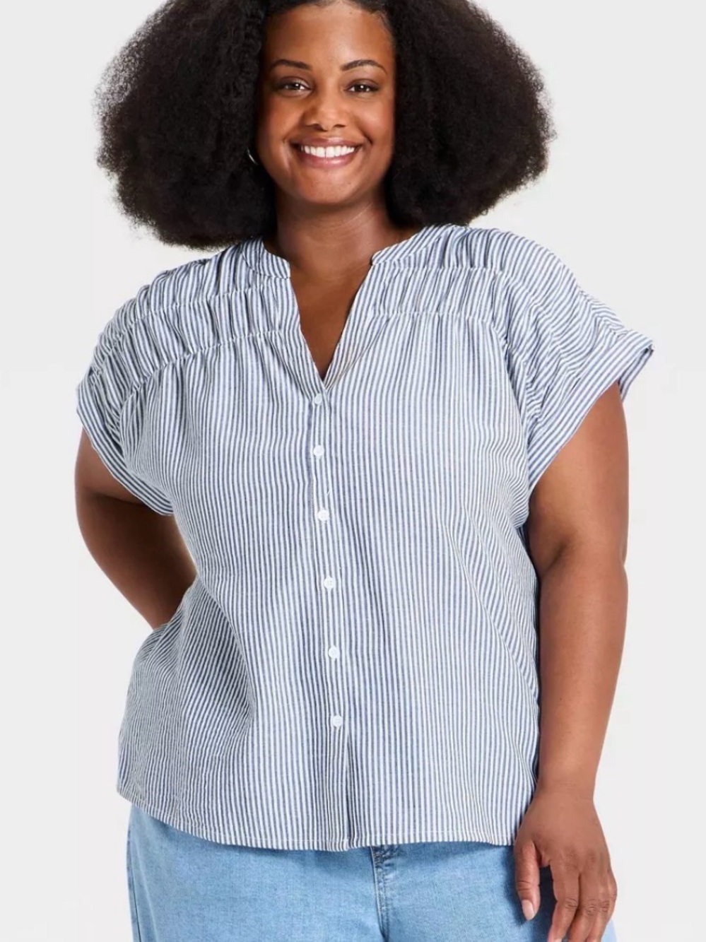 Women’s Dolman Short Sleeve Smocked V-Neck Button Shirt XXL